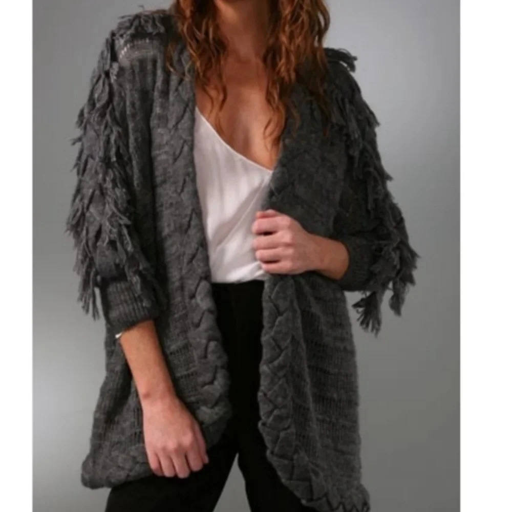 REBECCA TAYLOR Wool Mohair Cardigan sweater loose knit fringe boho